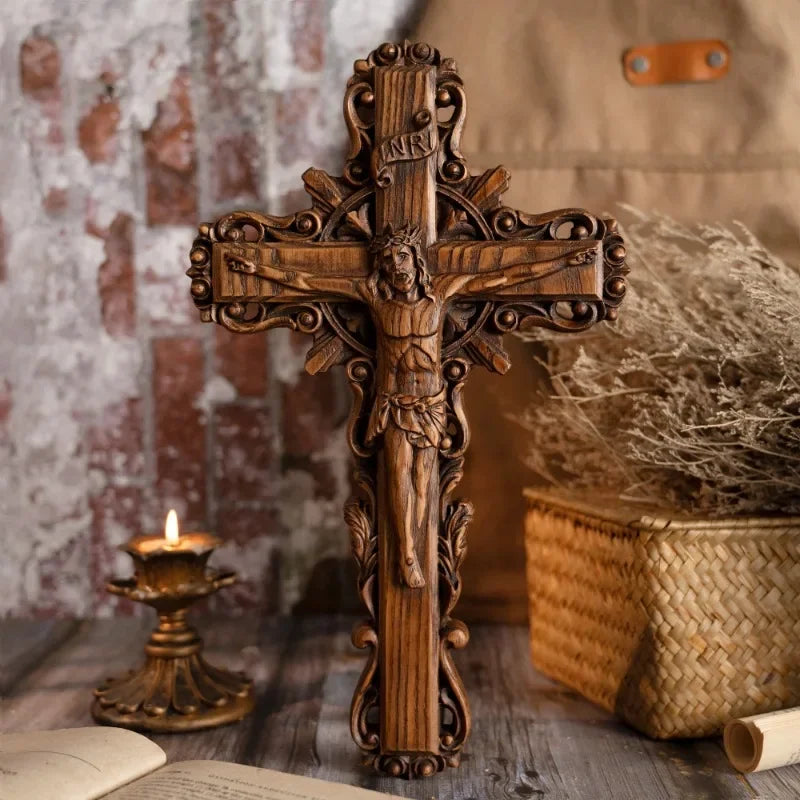Jesus Cross Wooden Crucifix Wall Decoration, Catholic Prayer Religious Wall Hanging Church