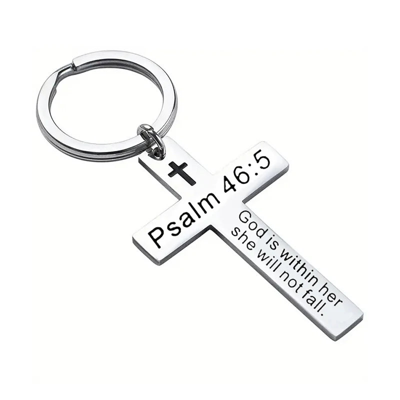 Christian Bible Verse Cross Pendant Keychain Stainless Steel Religious Psalm Prayer Key Chain Keyring Gifts