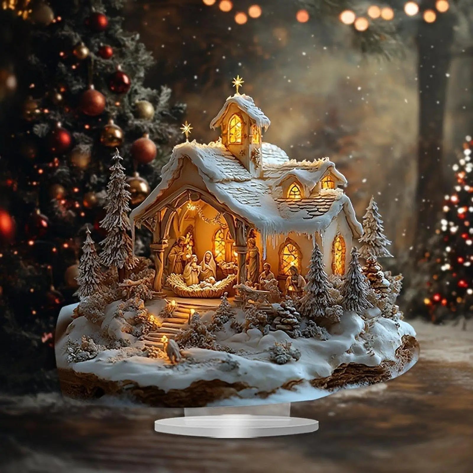 Jesus Figurine Snow Scene House Tabletop Decor Desk Display Collection Christmas