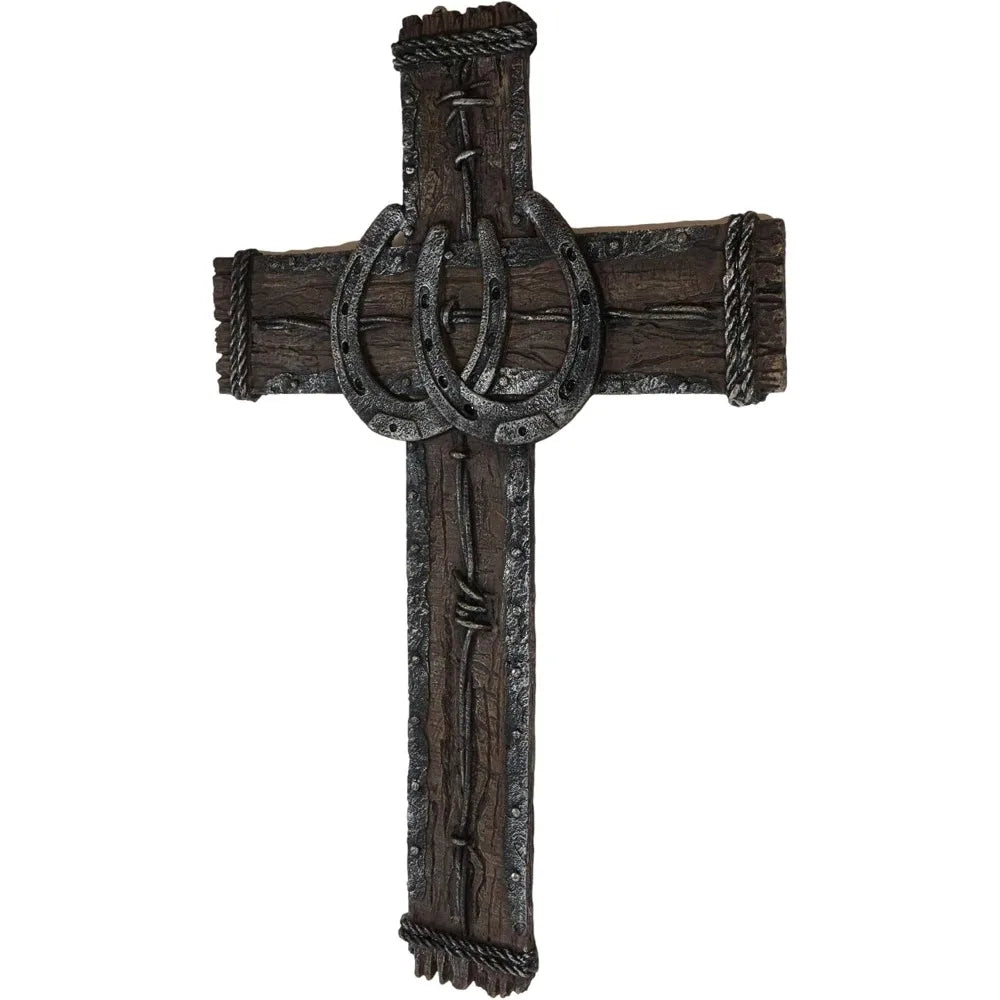 19" High Rustic Western 2 Lucky Horseshoes Wall Cross Decor Plaque With Vintage Barbed Wire And Braided Rope Design Sculpture