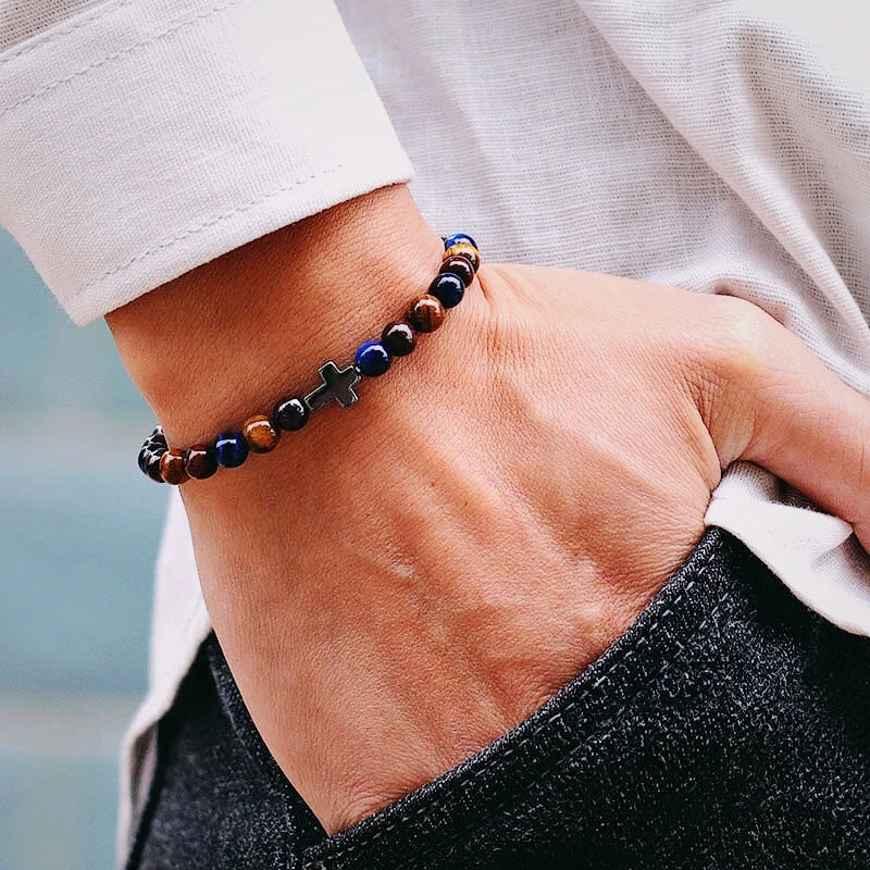 Minimalist Mens Cross Bracelet 6mm Natural Tiger Eyes Stone Braclet Gift For Him Camping Accessories Bileklik Erkek Pulseira