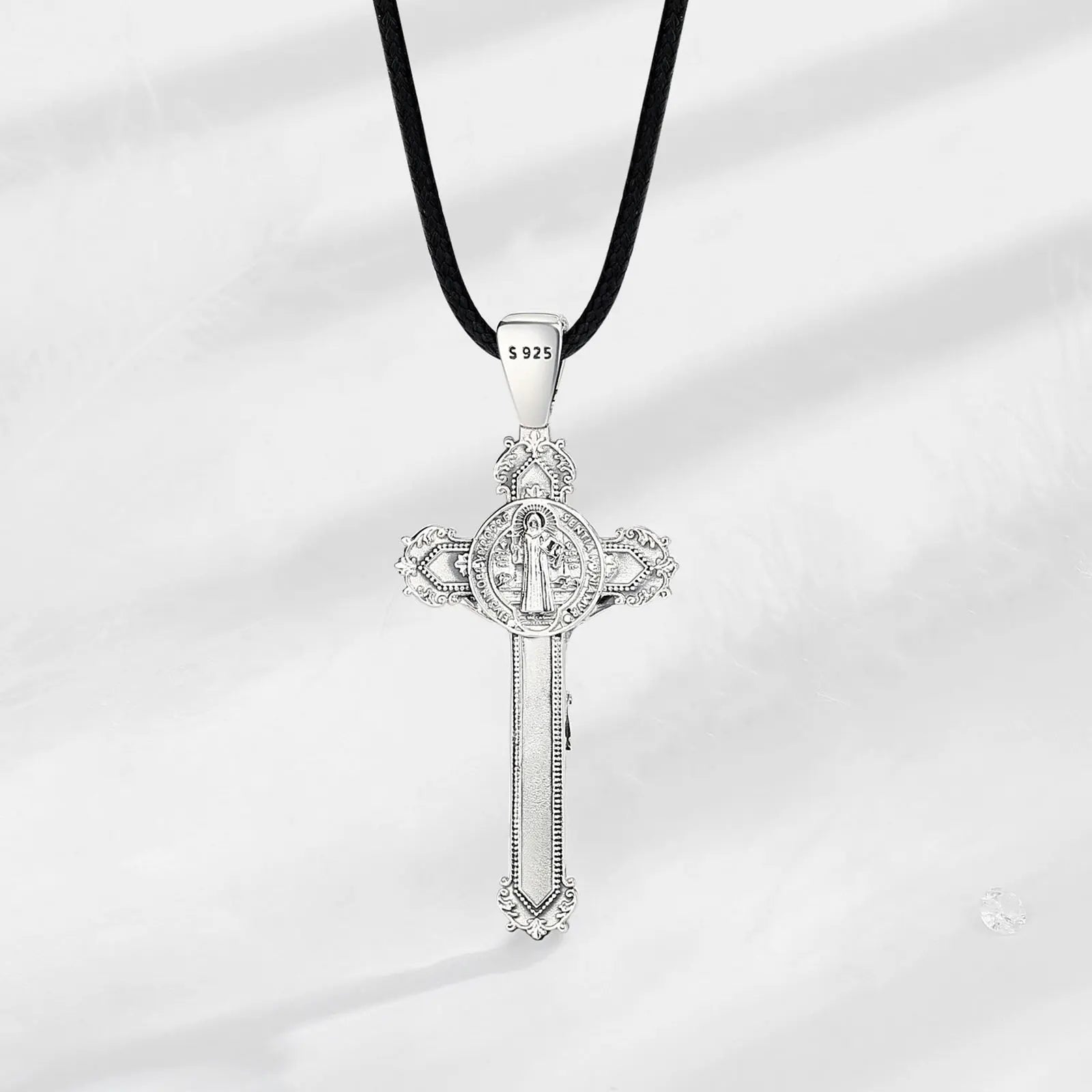 Eudora 925 Sterling Silver Saint Benedict Medal Necklace for Men Women san benedict crucifix cross Amulet Pendant Religious Gift