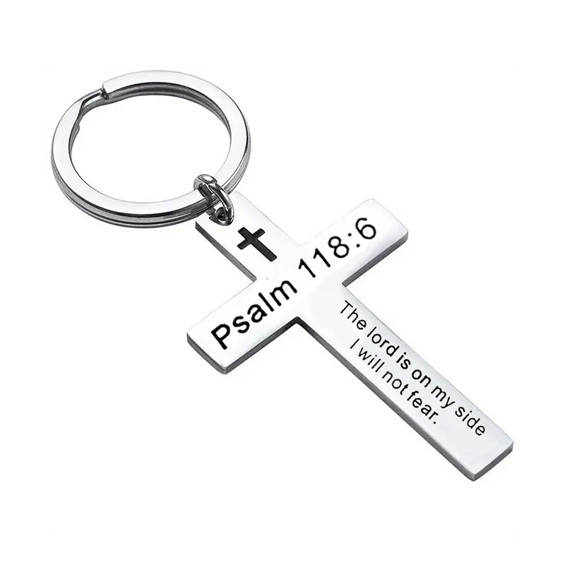Christian Bible Verse Cross Pendant Keychain Stainless Steel Religious Psalm Prayer Key Chain Keyring Gifts