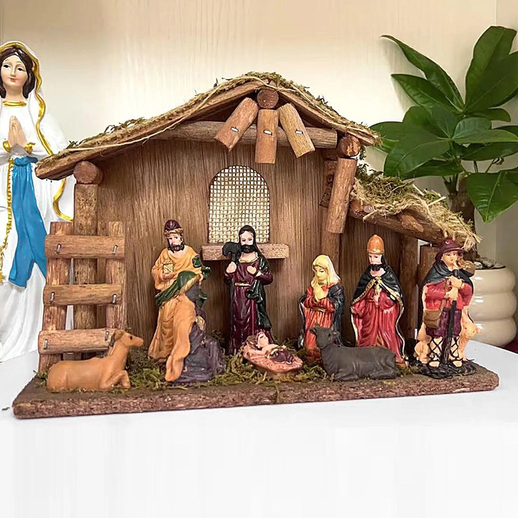 Nativity Scene Ornament Religious Nativity Figures Set Jesus Manger and House Figure Ornaments for Desk Women Table Windowsill